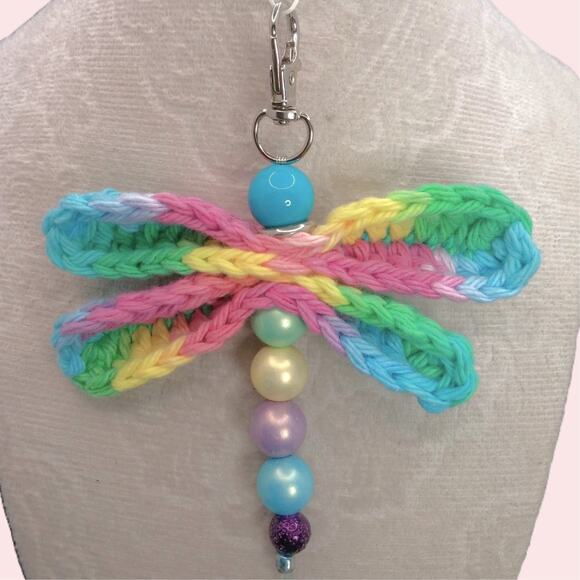 Crochet Dragonfly Pastel Beaded Keychain Handmade Diffuser Purse Charm Bag Clip - Picture 1 of 8